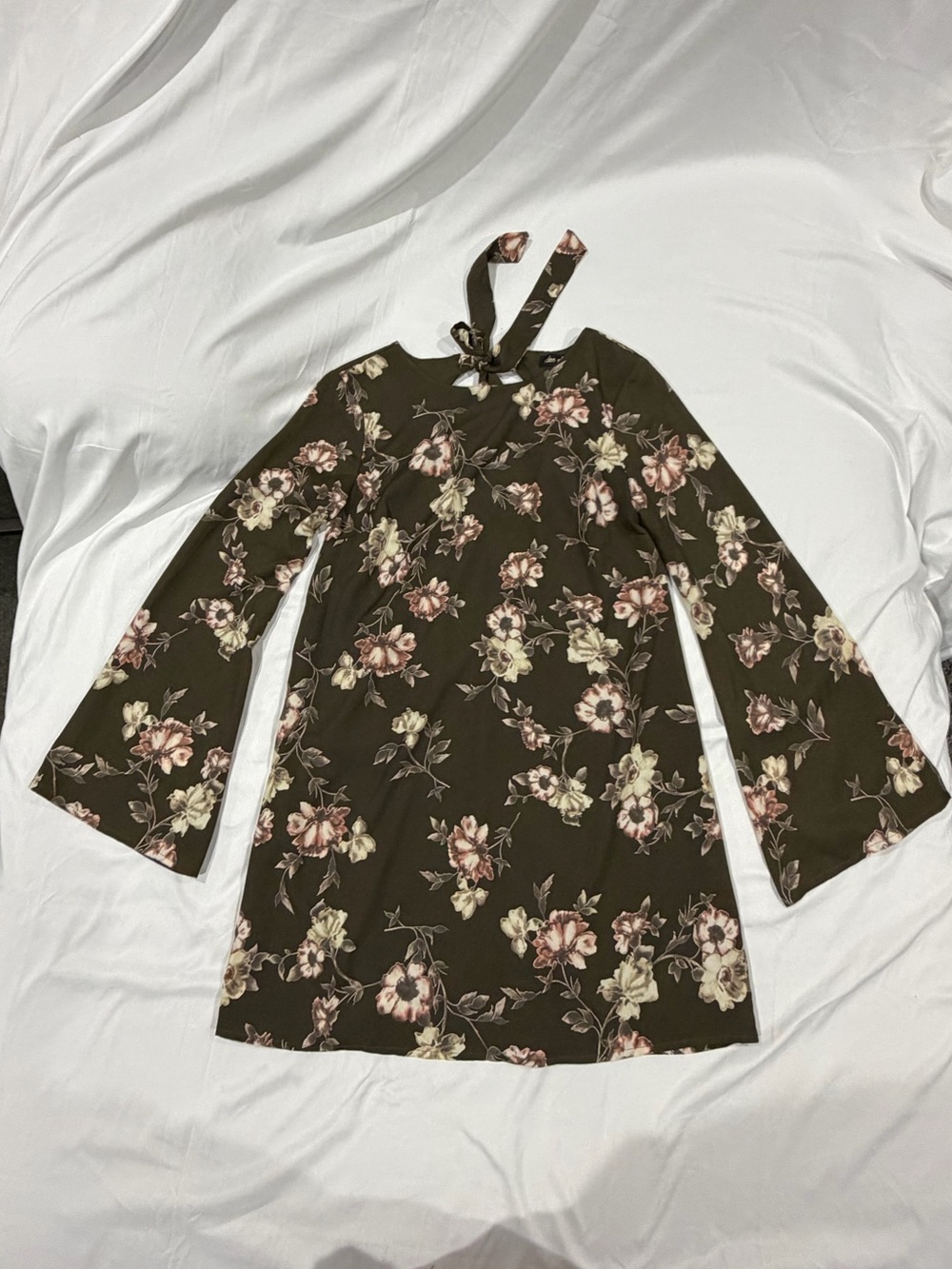 Floral Tie-Back Mini Dress in Olive Green